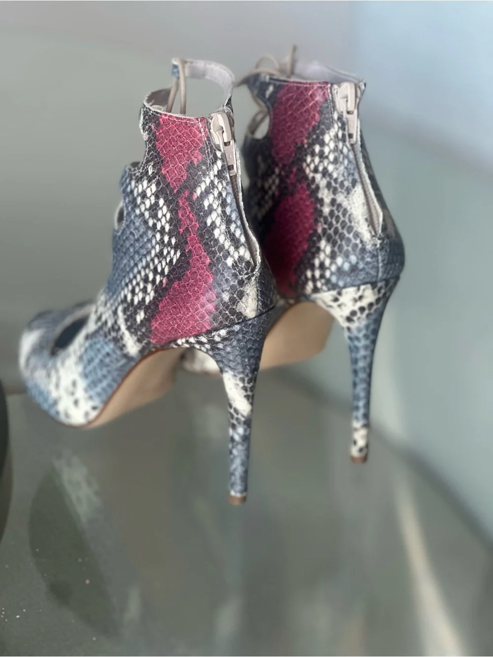 Zara Snake-Print Lace-Up leather Stiletto Heels in Pink and Neutral sz 39 (8 US)